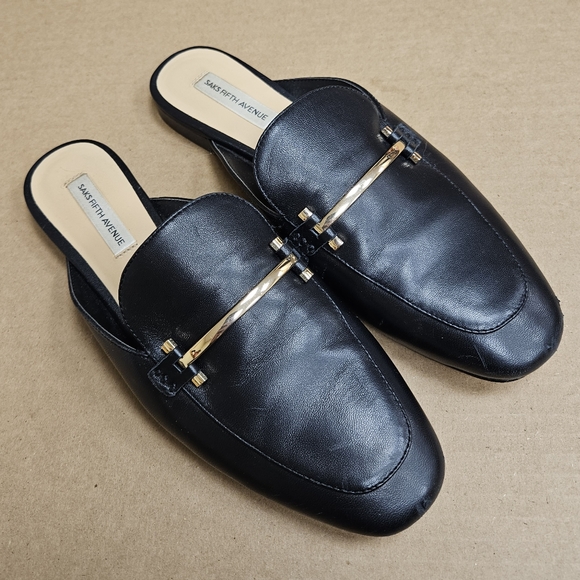 Saks Fifth Avenue Shoes - Saks Fifth Avenue 6.5 Leather Gold Horsebit Slides Mules in Black